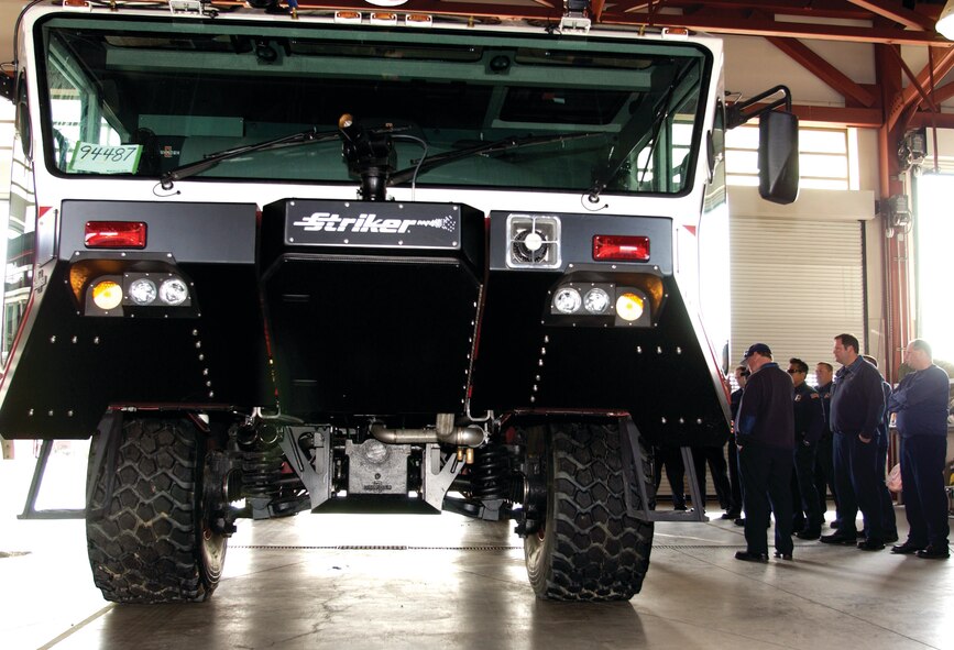 The Striker T 1500 is the newest model of fire fighter vehicle in the Air Force. (U.S. Air Force photo by Staff Sgt. Amy Abbott)