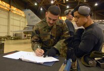 KUNSAN AIR BASE, South Korea -- Staff Sgt. Danny Colon (left) and Airman First Class Jay Maldonado, both from the 8th Aircraft Maintenance Squadron, review their checklist prior to the start of the weapons load competition here Dec. 14.  This was the final weapons load competition between the 80th and 35th Fighter Squadrons for 2007.  (U.S. Air Force photo/Senior Airman Steven R. Doty)