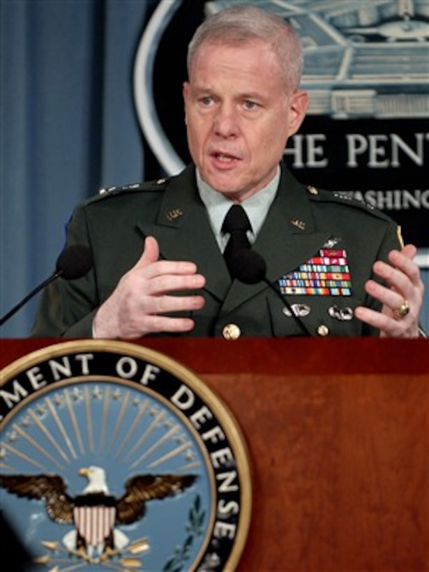 Joint Staff Director of Operational Planning Maj. Gen. Richard Sherlock conducts a press briefing in the Pentagon on Dec. 14, 2007.  