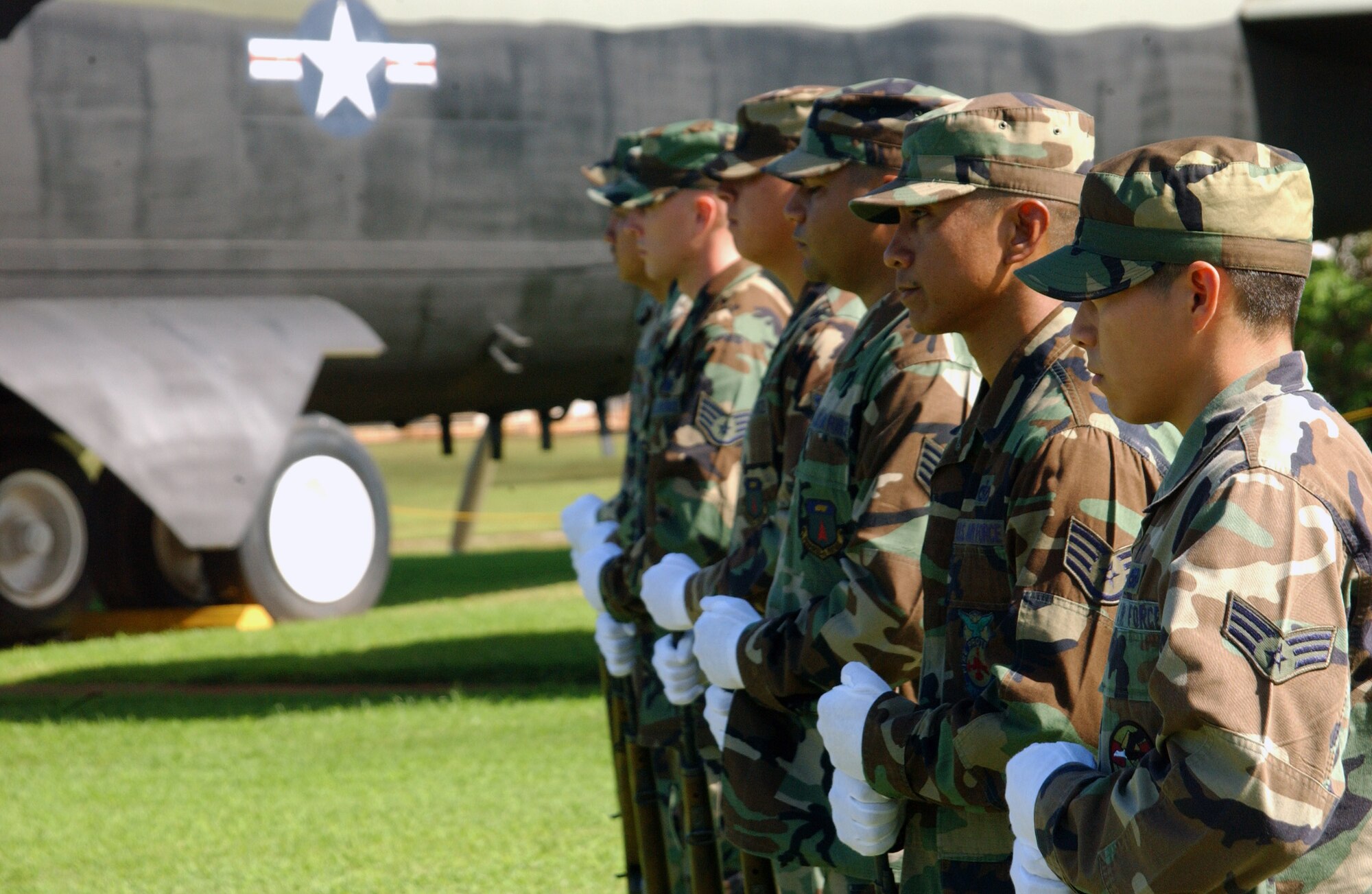 The 35th anniversary of Linebacker II was commemorated Dec. 18 at Andersen Air Force Base, Guam.  Linebacker II was an intensive 11-day bombing campaign in December 1972 designed to return the North Vietnamese to the Paris peace talks.  During a special ceremony, a firing detail, shown here with their weapons ready, marked the solemn occasion by firing three volleys.  (U.S. Air Force photo/Tech. Sgt. Steven Wilson)