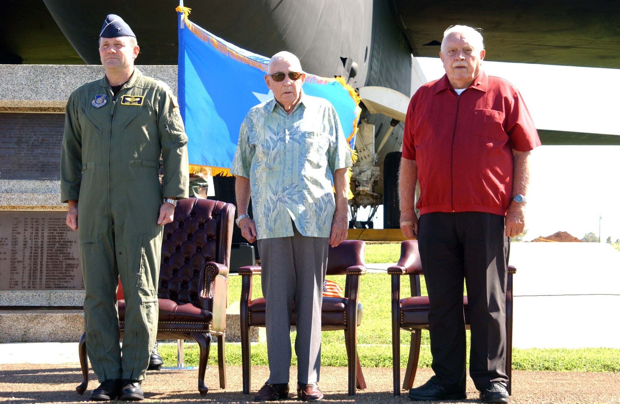The 35th anniversary of Linebacker II was commemorated Dec. 18 at Andersen Air Force Base, Guam.  Linebacker II was an intensive 11-day bombing campaign in December 1972 designed to return the North Vietnamese to the Paris peace talks.  Retired Col. Tony Merritt (center) and retired Lt. Col. Chuck McManus, Airmen who were directly involved with Linebacker II, stand beside Brig. Gen. Douglas Owens, 36th Wing commander, during the ceremony.  Mr. Merritt later accompanied General Owens to place a memorial wreath at the base of the flag pole in Arc Light Memorial Park to mark the sacrifice made by the Airmen who participated in Linebacker II. (U.S. Air Force photo/Tech. Sgt. Steven Wilson) 