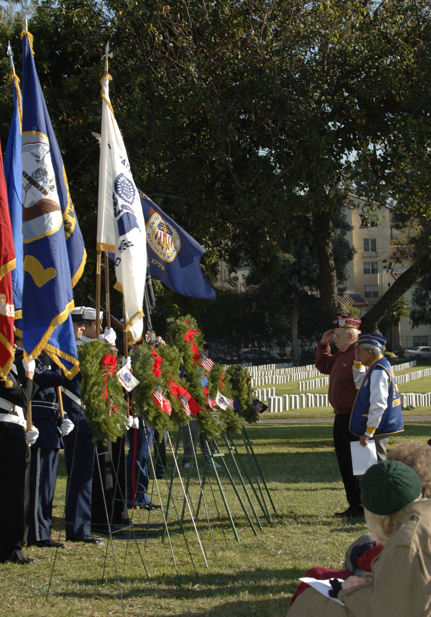 Veterans render a salute during a Christmas wreath laying ceremony at the Los Angeles National Cemetery, Dec. 15.  Los Angeles AFB personnel represented the Air Force and participated in a joint color guard at the ceremony.  (Photo by Paul Testerman) 