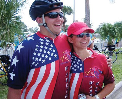 Mrs. and Capt. Christopher Melton, are all smiles after completing the annual Valero Multiple Sclerosis 150 mile Bike to the Beach. Captain Melton, a Reserve C-5 pilot with the 433rd Airlift Wing, joined his wife this year for his first 150-mile bike ride. This was the fourth ride for Stephanie Melton. (Courtesy Photo) 