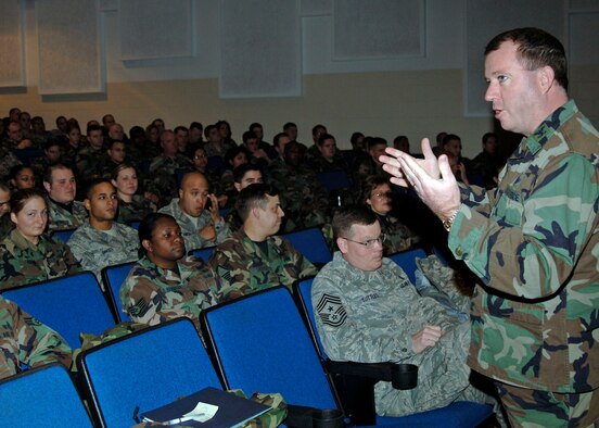 SCOTT AIR FORCE BASE, Ill. -- Col. Al Hunt, 375th Airlift Wing commander, addresses junior Airmen at the first of a planned series of All Calls Dec. 17. Due to unforeseen events that day, the remaining sessions were forced to be postponed until after the new year. Information on dates and times will be released when it is made available. (U.S. Air Force photo by Tech. Sgt. Tony Tolley)