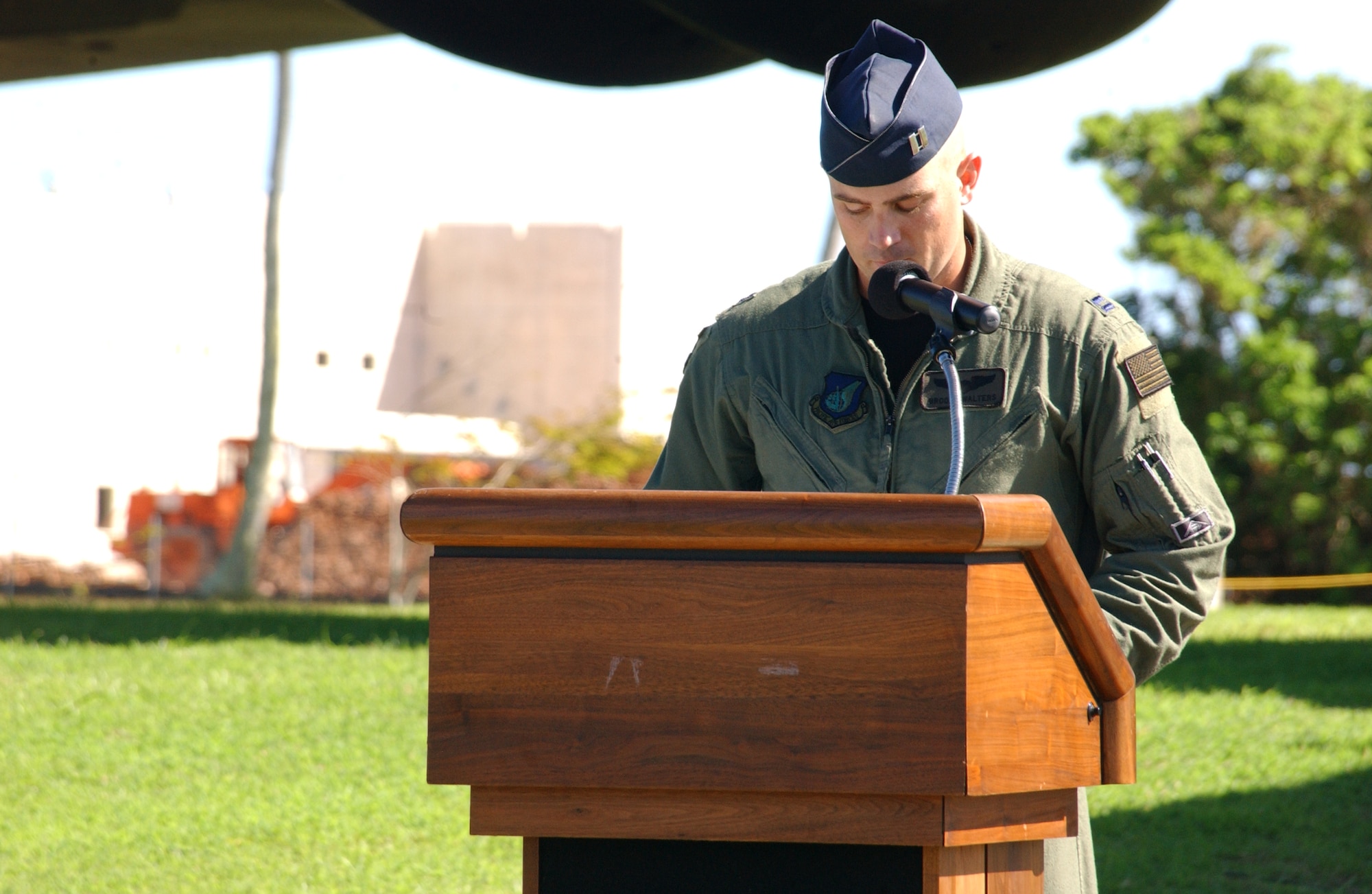 Capt. Brooks Walters, 393rd EBS weapons and tactics officer, served as the narrator for this ceremony. Captain Walters read the name of each fallen Airmen that gave their life during this campaign. Linebacker II was a success as it realized its military objective of forcing the North Vietnamese to return to the Paris peace talks. (Air Force photo/Tech. Sgt. Steven Wilson)