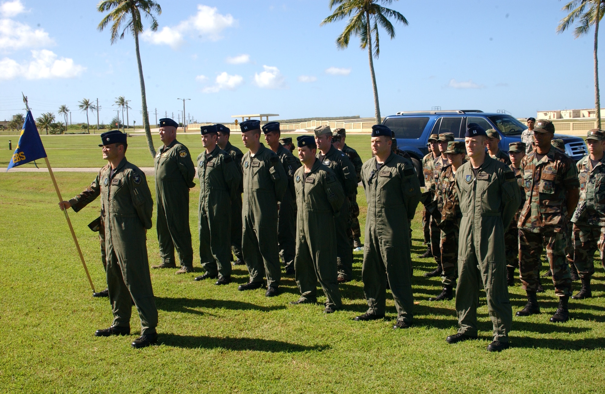 The 393rd Expeditionary Bomb Squadron 33-person formation, led by EBS director of operations Lt. Col. Todd Copeland, is symbolic of the 33 Airmen that gave their lives during the Linebacker II campaign. These men and women braved the hot tropical sun to pay tribute to their fallen comrades on the 35th anniversary of Linebacker II. (Air Force photo/Tech. Sgt. Steven Wilson)
