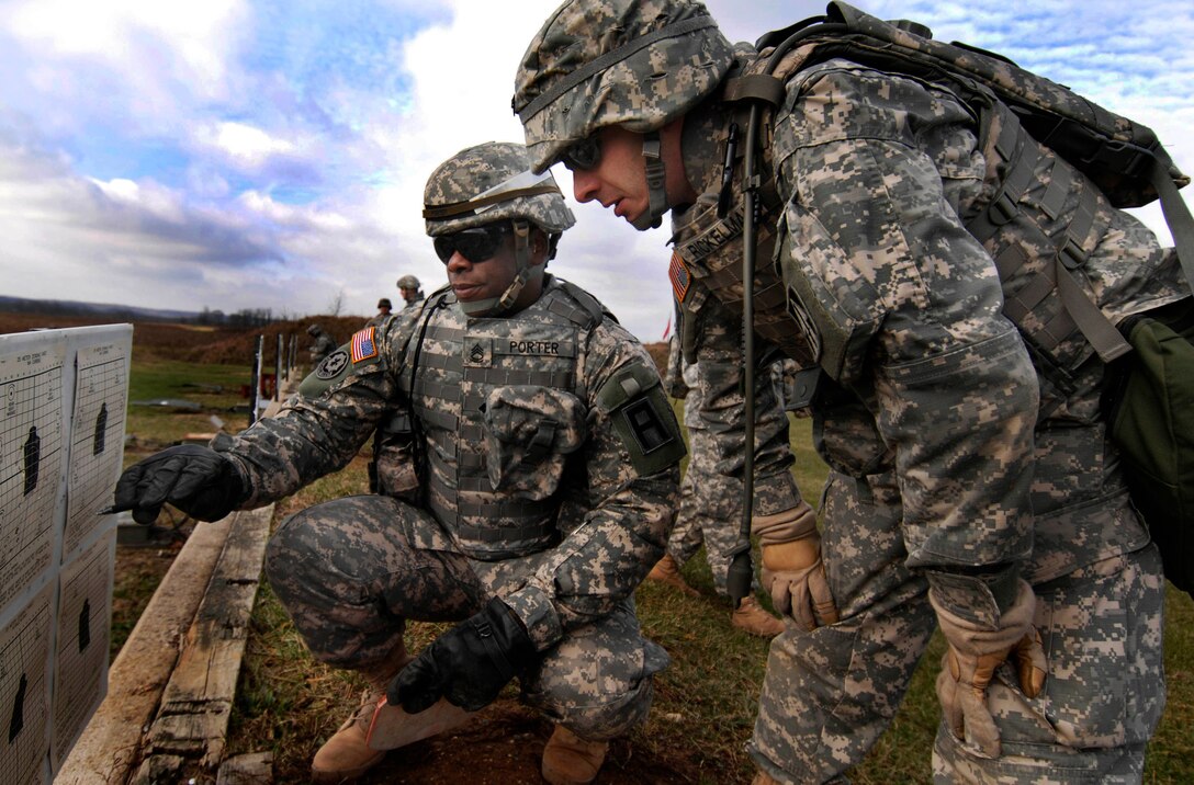 Sgt First Class. Carl Porter a First Army trainer assists an Indiana Army National Guard Soldier of 76th Infantry Brigade Combat Team during zeroing of weapons at Camp Atterbury Joint Maneuver Training center as part of their mobilization training prior to a scheduled deployment to Iraq, Dec. 14, 2007.