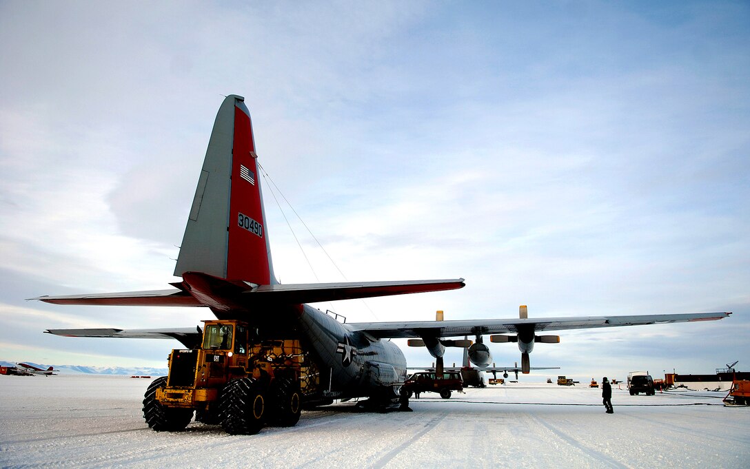 An LC-130 Hercules is unloaded on the annual sea ice runway near McMurdo Station, Antarctica Nov. 27, 2007, during Operation Deep Freeze. Ski-equipped LC-130s, crews and support personnel from the New York Air National Guard's 109th Airlift Wing are supporting the 13th Air Force-led Joint Task Force Support Forces Antarctica, Operation Deep Freeze. Operation Deep Freeze is a unique joint and total force mission that has supported the National Science Foundation and U.S. Antarctic Program that began in 1955.
