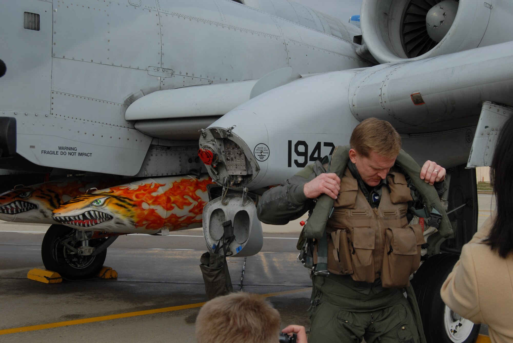 Lt. Col. Russell Myers, 74th Fighter Squadron Commander, prepares for his final flight out of Pope Air Force Base, N.C. to Moody Air Force Base, Ga. today. The realignment of the A-10 aircraft was designed to mitigate Air Force hardship from the shrinking budget. (Air Force photo/Staff Sgt. Cassandra Locke)