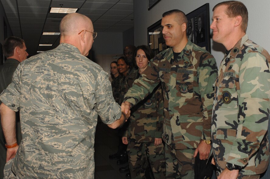 Gen. T. Michael Moseley, Air Force chief of staff, meets with Team Dyess leadership  at the 317th Airlift Group, Dec. 14. Gen. Moseley toured Dyess during his visit as well as presented a Bronze Star. (U.S. Air Force photo by SrA Courtney Garrard)
