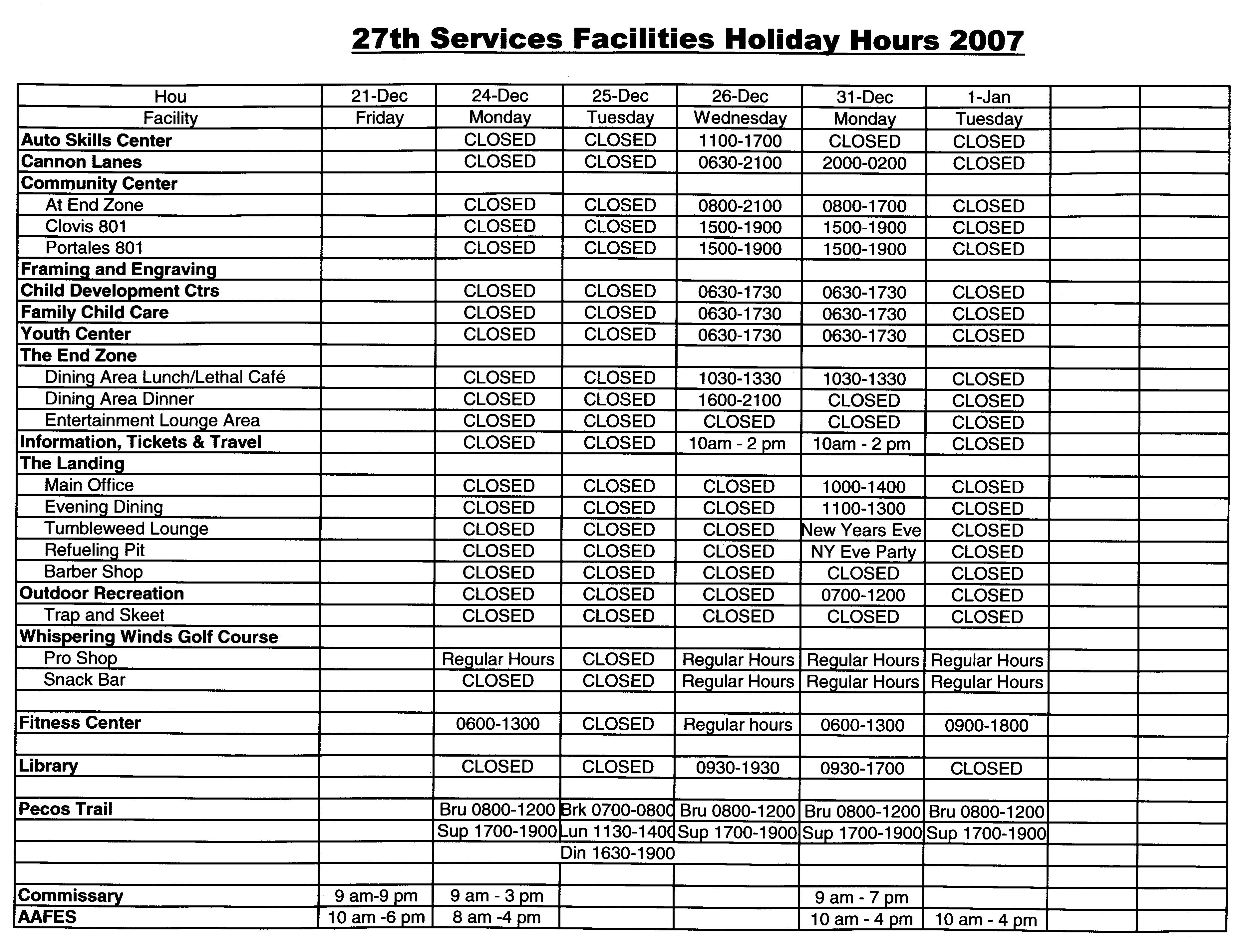 Holiday hours for Cannon facilities > Cannon Air Force Base > Article