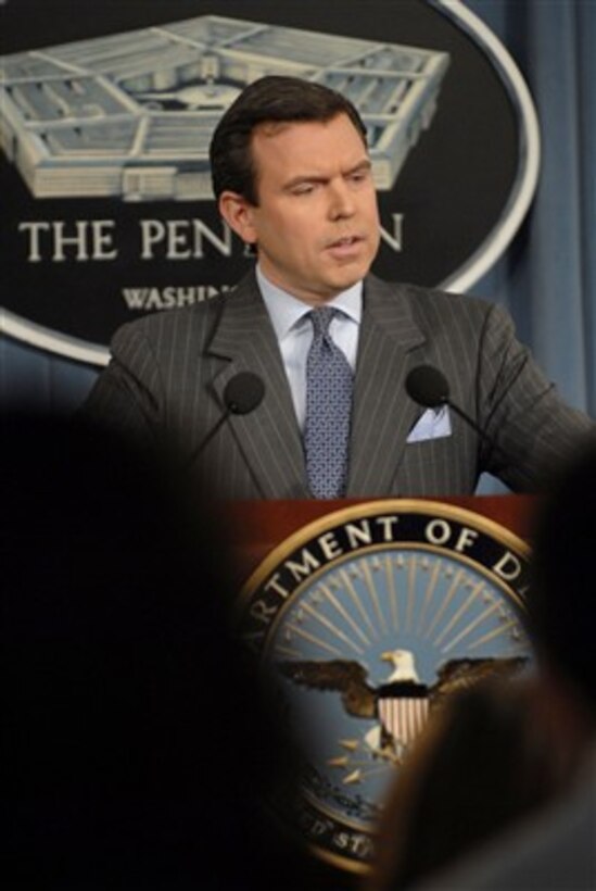 Pentagon Press Secretary Geoff Morrell answers a reporter's question during a press briefing in the Pentagon on December 19, 2007.  