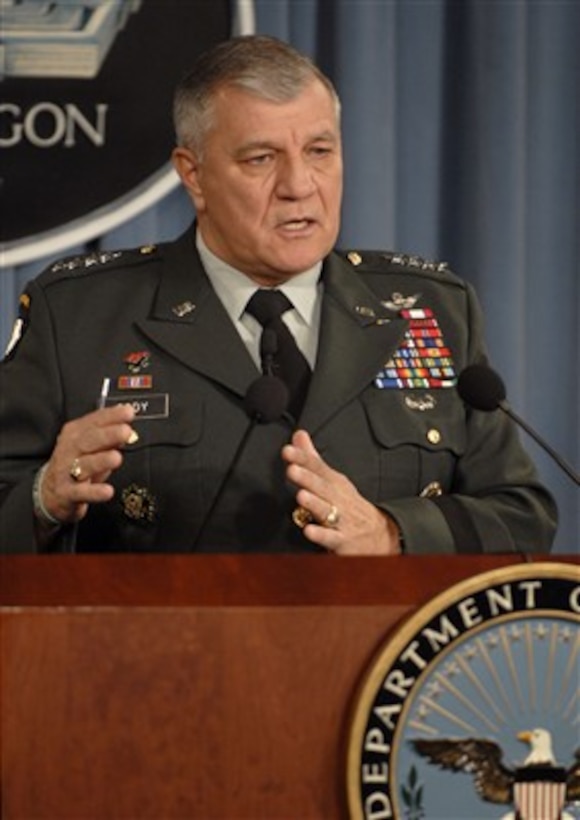 Vice Chief of Staff of the Army Gen. Richard Cody conducts a press briefing on Army future plans and ongoing military missions in the Pentagon on Dec. 19, 2007.  