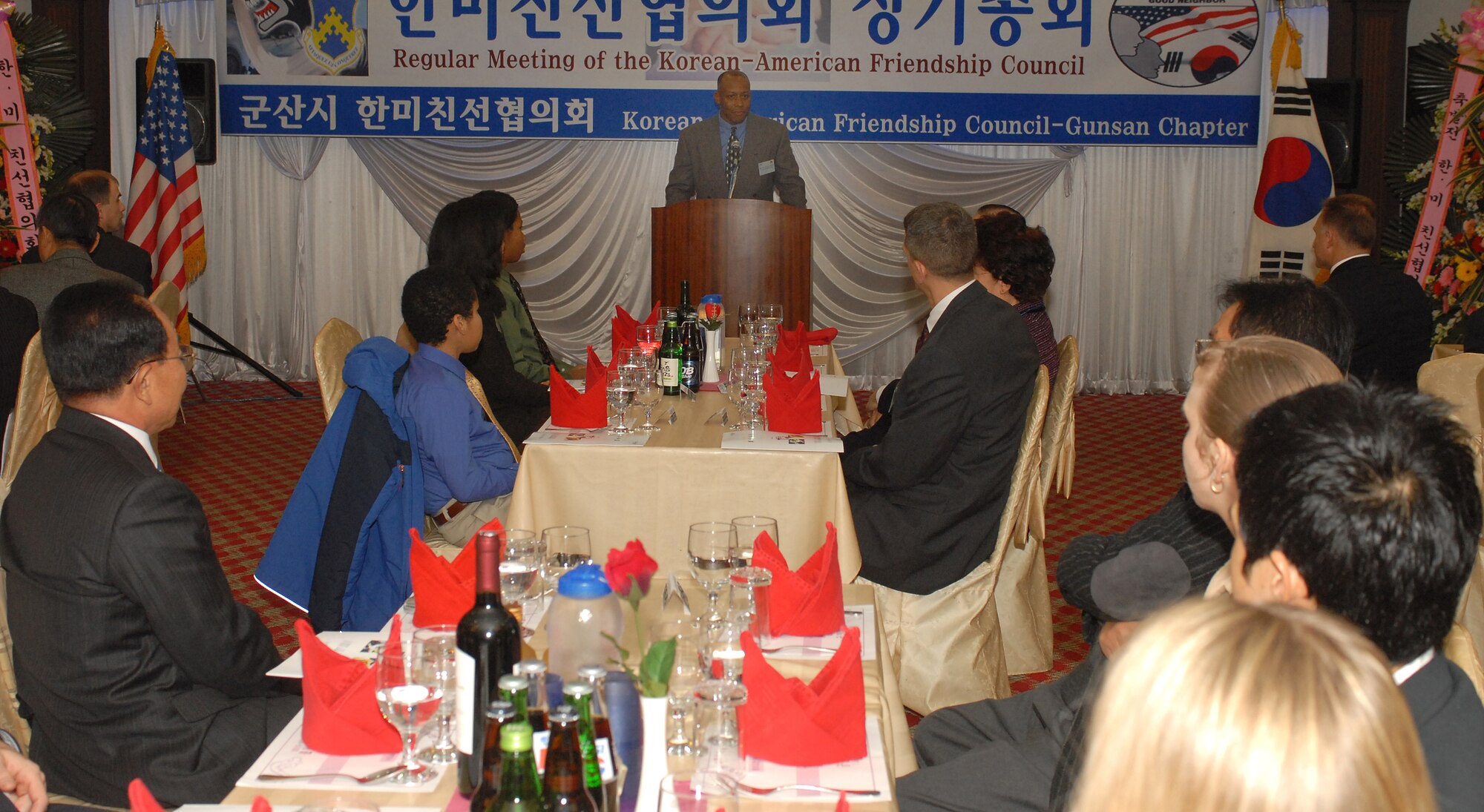 GUNSAN CITY, South Korea -- Colonel CQ "Wolf" Brown, 8th Fighter Wing
Commander addresses attendees during the Annual Friendship Dinner opening ceremony here Dec. 20. The dinner is part of the Good Neighbor Program that highlights the relationship between the Republic of Korea and United States military. (U.S. Air Force photo/Senior Airman Giang Nguyen)
