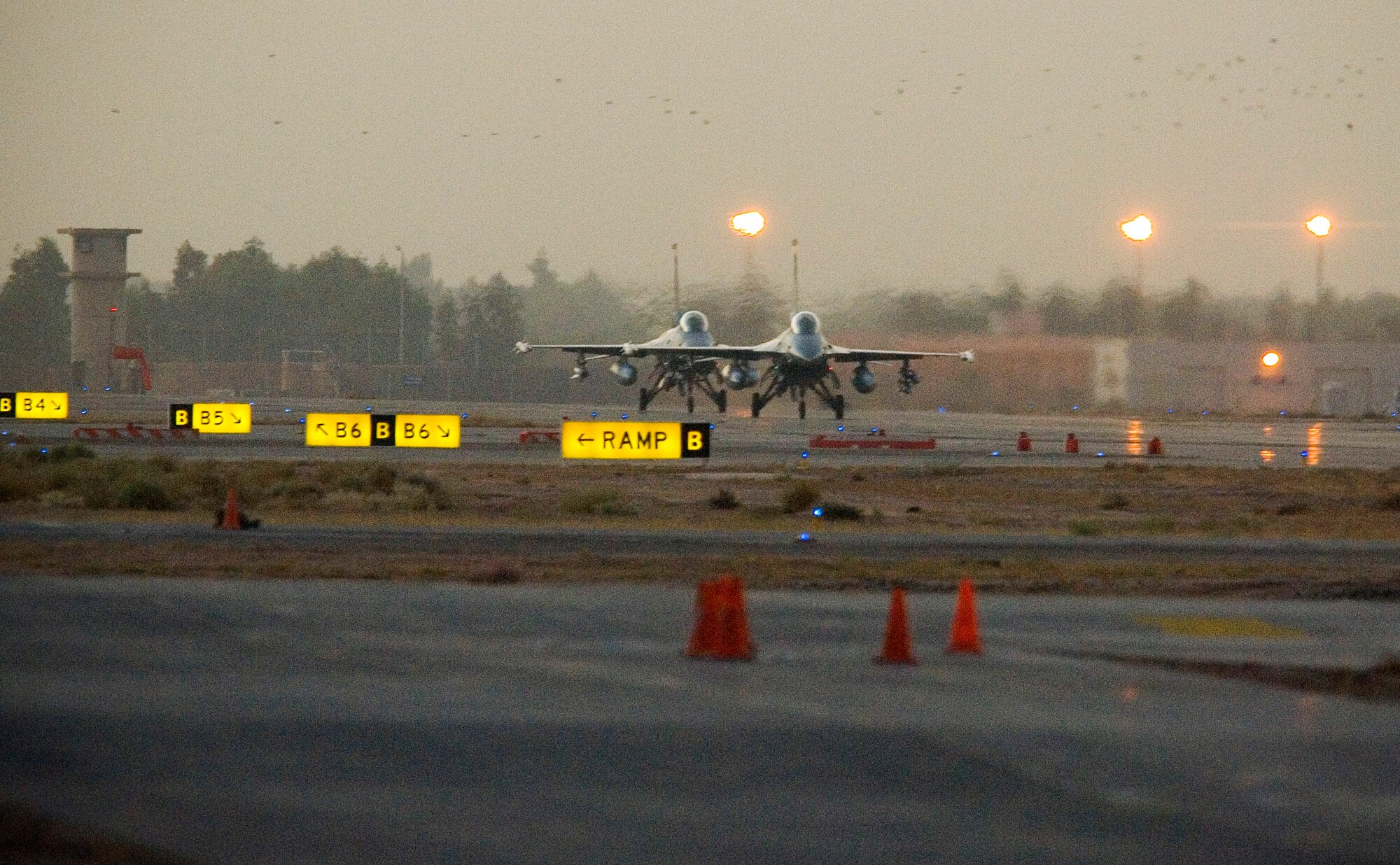 Two F-16 Fighting Falcons taxi out on the runway as a flock of small birds fly over them in November at Balad Air Base, Iraq. Last year alone bird strikes caused $42 million in damage to Air Force aircraft. The 332nd Air Expeditionary Wing flight safety office, with support of base volunteers, has helped reduced the number of bird strikes by 30 percent. (U.S. Air Force photo/Master Sgt. John Nimmo Sr.)