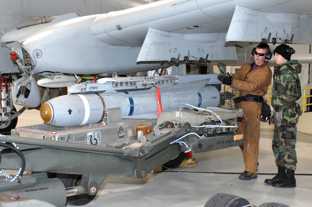 Master Sgt. Jim Kirksey (left), an Air Reserve Technician with the 442nd Aircraft Maintenance Squadron, and Airman 1st Class Shane Dunn keep an inert AGM-65 Maverick missile level while it is being pulled away by Tech. Sgt. Ken Portell, Dec. 19 at Whiteman Air Force Base, Mo.  The Air Force reservists are part of the 442nd Fighter Wing, an Air Force Reserve unit that operates, maintains and supports a squadron of A-10 Thunderbolt IIs. (U.S. Air Force photo/Tech. Sgt. Samuel A. Park)
