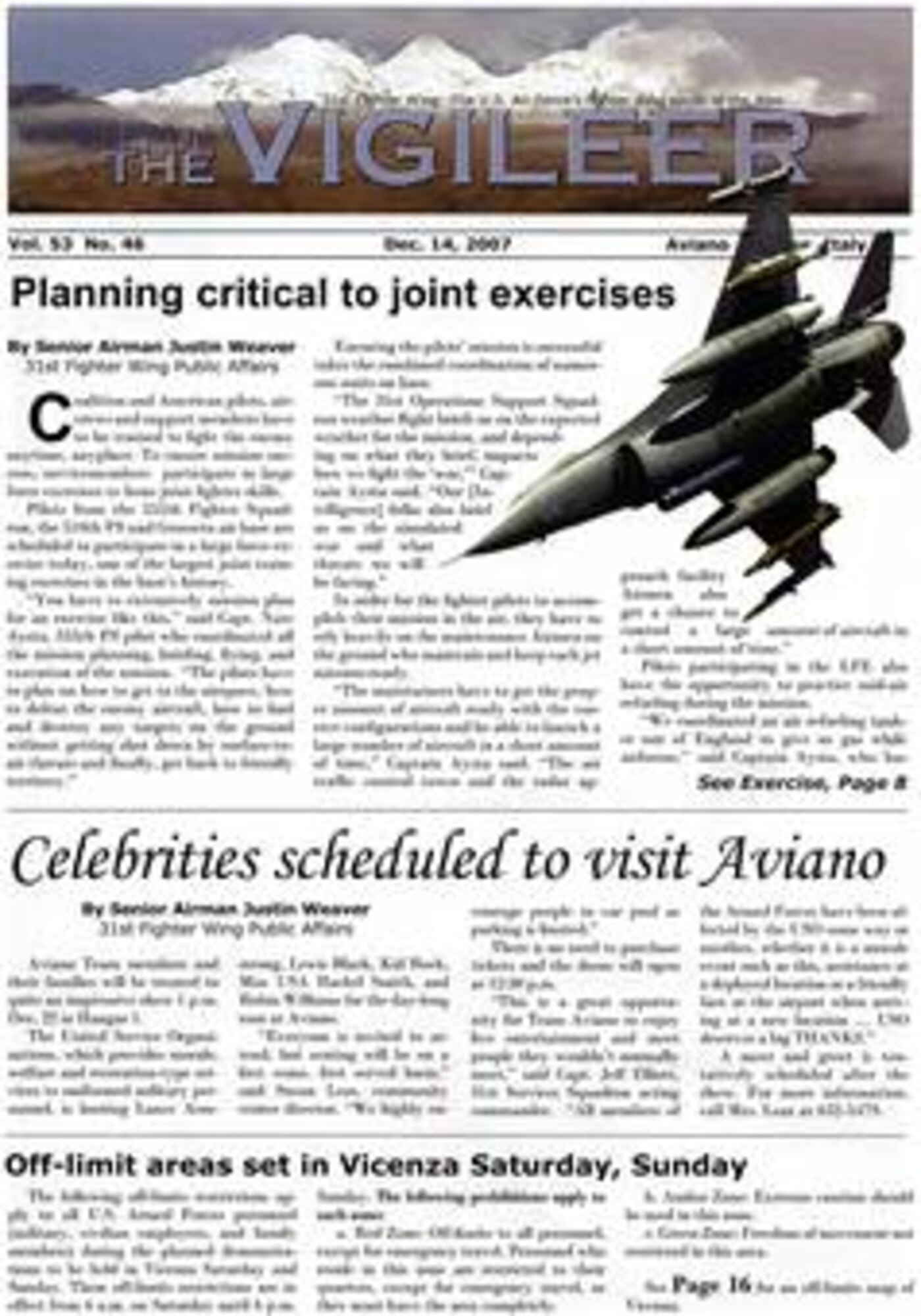 Since Nov. 12, 1965, the Vigileer has been the primary printed information tool for the wing commanders at Aviano Air Base.  This cover shot of the Vigileer represents a snapshot in time at Aviano and the way the newspaper flag and cover was being designed at the time.  The Dec. 21 issue of the Vigileer is the last official printing of the military base newspaper at Aviano Air Base.(Scanned base news paper covers)