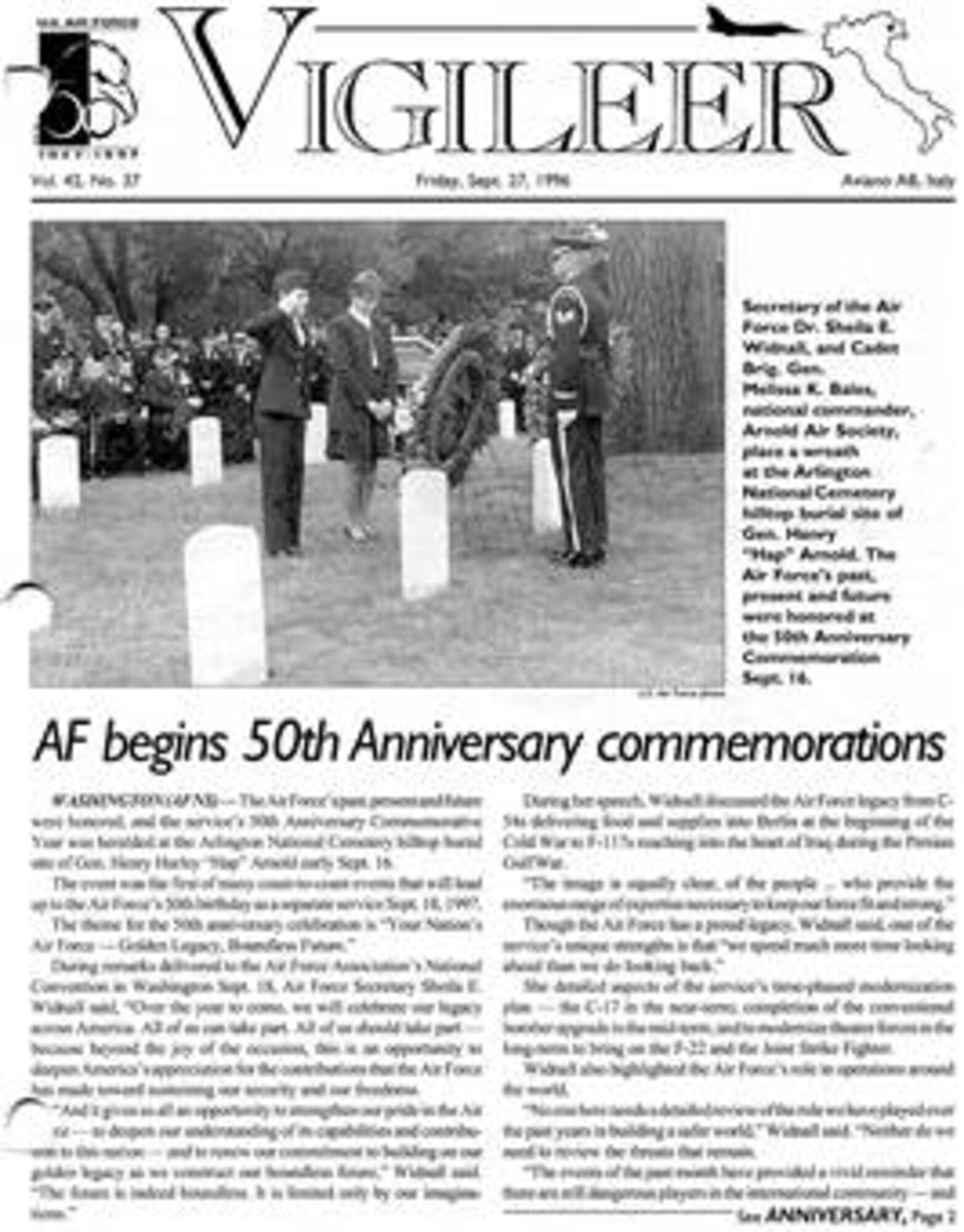 Since Nov. 12, 1965, the Vigileer has been the primary printed information tool for the wing commanders at Aviano Air Base.  This cover shot of the Vigileer represents a snapshot in time at Aviano and the way the newspaper flag and cover was being designed at the time.  The Dec. 21 issue of the Vigileer is the last official printing of the military base newspaper at Aviano Air Base.(Scanned base news paper covers)