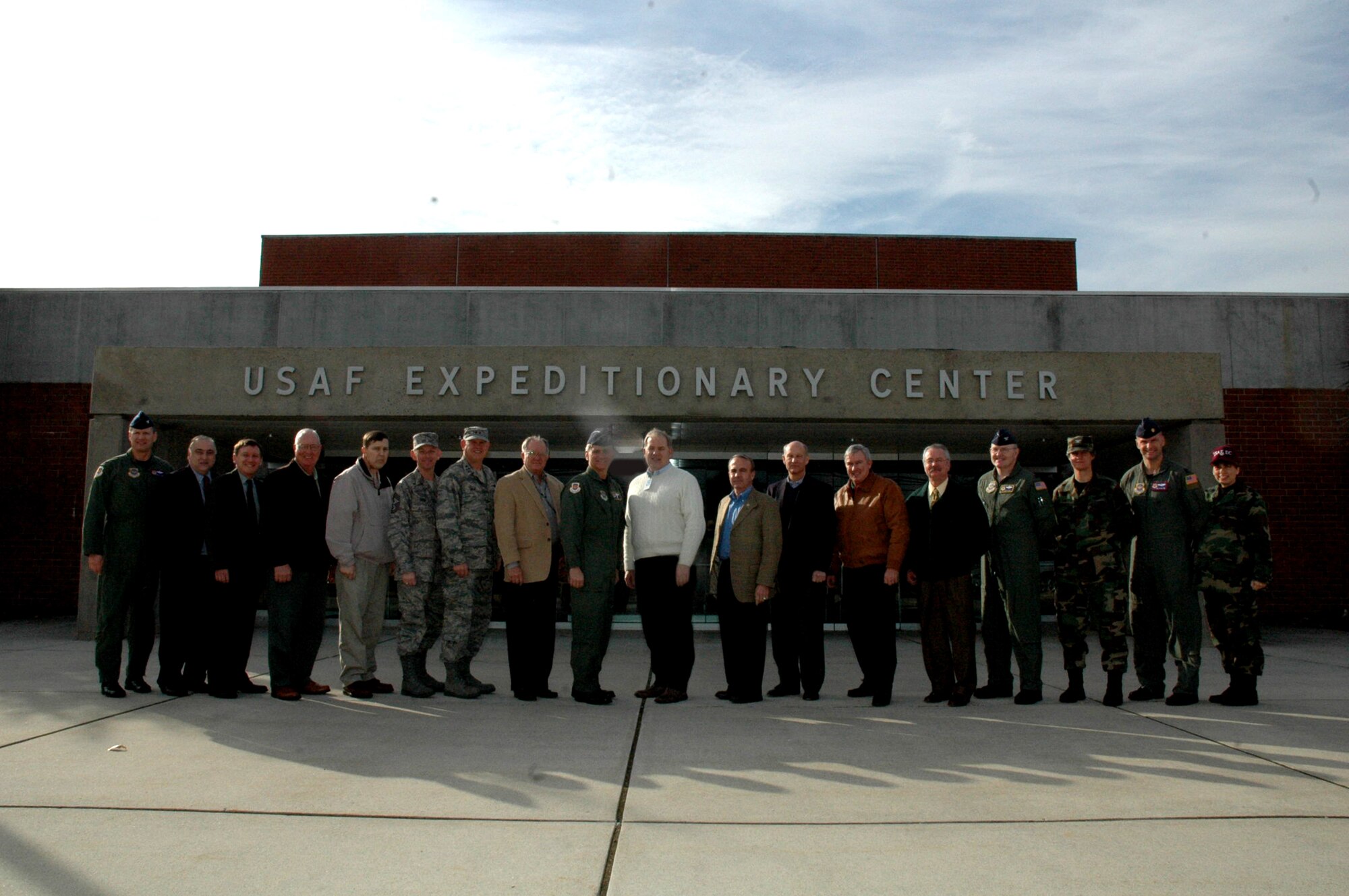 History, and a reunion of sorts, took place at the U.S. Air Force Expeditionary Center on Fort Dix, N.J., Dec. 19.  A conference of former commanders and superintendents/command chiefs took place at the Center.  Included in this photo are retired Gen. William J. Begert, first commander of the Center from 1994-95, retired Maj. Gen. Richard C. Marr, second Center commander from 1995-97, Maj. Gen. Scott Gray, Center commander from 2005-07, Maj. Gen. Kip Self, current Center commander, retired Chief Master Sgt. Joseph F. McGinnis, Center superintendent from 1997-98, retired Chief Master Sgt. Paul V. Hetteroth, Center superintendent from 1998-2000, retired Chief Master Sgt. John Dodsworth, Center superintendent from 2000-02, and current Center command chief, Chief Master Sgt. Jeffry Helm.  The gathering was organized by General Self to discuss history of the Center and ways to step forward in the future.  The Center, formerly named the Air Mobility Warfare Center, was established by Air Mobility Command in 1994.  It became the U.S. Air Force Expeditionary Center in March 2007.  (U.S. Air Force Photo/Tech. Sgt. Scott T. Sturkol)
