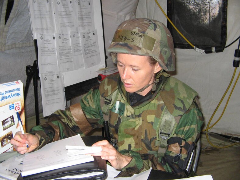 Senior Master Sgt. Juliet Higgins, training NCO for the 433rd Aeromedical Staging Squadron knows there is no escape from paperwork during war. During the recent Operational Readiness Inspection, Sergeant Higgins made sure patients and caregivers were accounted for. (U.S. Air Force Courtesy Photo)