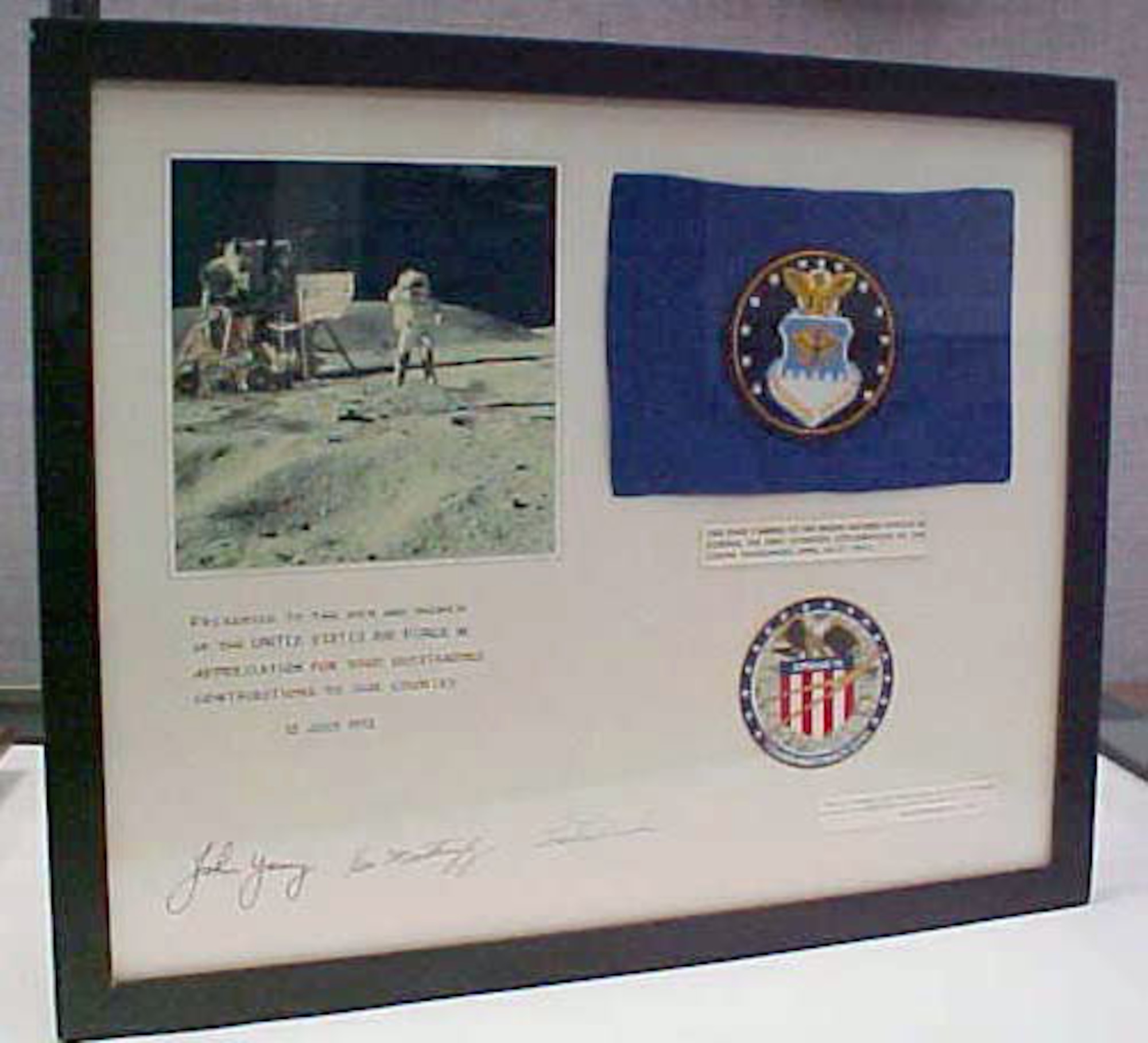 This flag was carried to the moon aboard Apollo 16 from April 16-27, 1972, during the first scientific exploration of the Lunar Highlands. (U.S. Air Force photo)