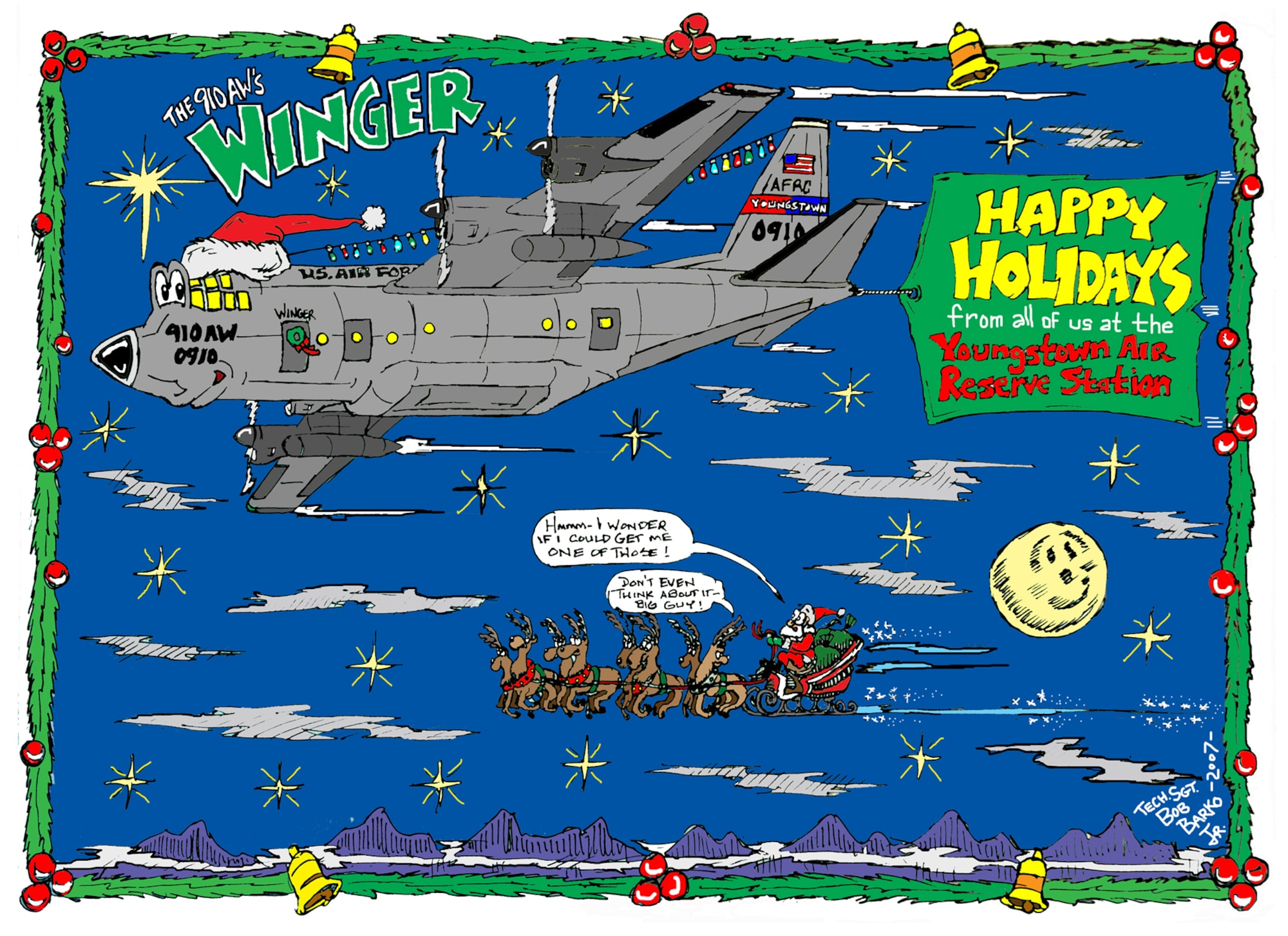 YOUNGSTOWN AIR RESERVE STATION, Ohio -- "Winger," the 910th Airlift Wing's official cartoon C-130 mascot, wishes everyone a very happy holiday season and reminds us all to remember our servicemembers who are deployed overseas. U.S. Air Force illustration/Tech. Sgt. Bob Barko Jr.