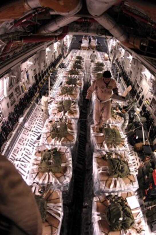 U.S. Air Force airmen and Army soldiers load 40 pallets of water into a C-17 Globemaster III aircraft at Bagram Air Base, Afghanistan, in preparation for an airdrop mission on Dec. 19, 2007.   Members of the 817th Expeditionary Airlift Squadron, out of Manas Air Base, Kyrgyzstan, provide airlift and airdrop capabilities to ground units in Afghanistan that are in need of supplies, ammunition and sustenance as well as transporting personnel and equipment. 