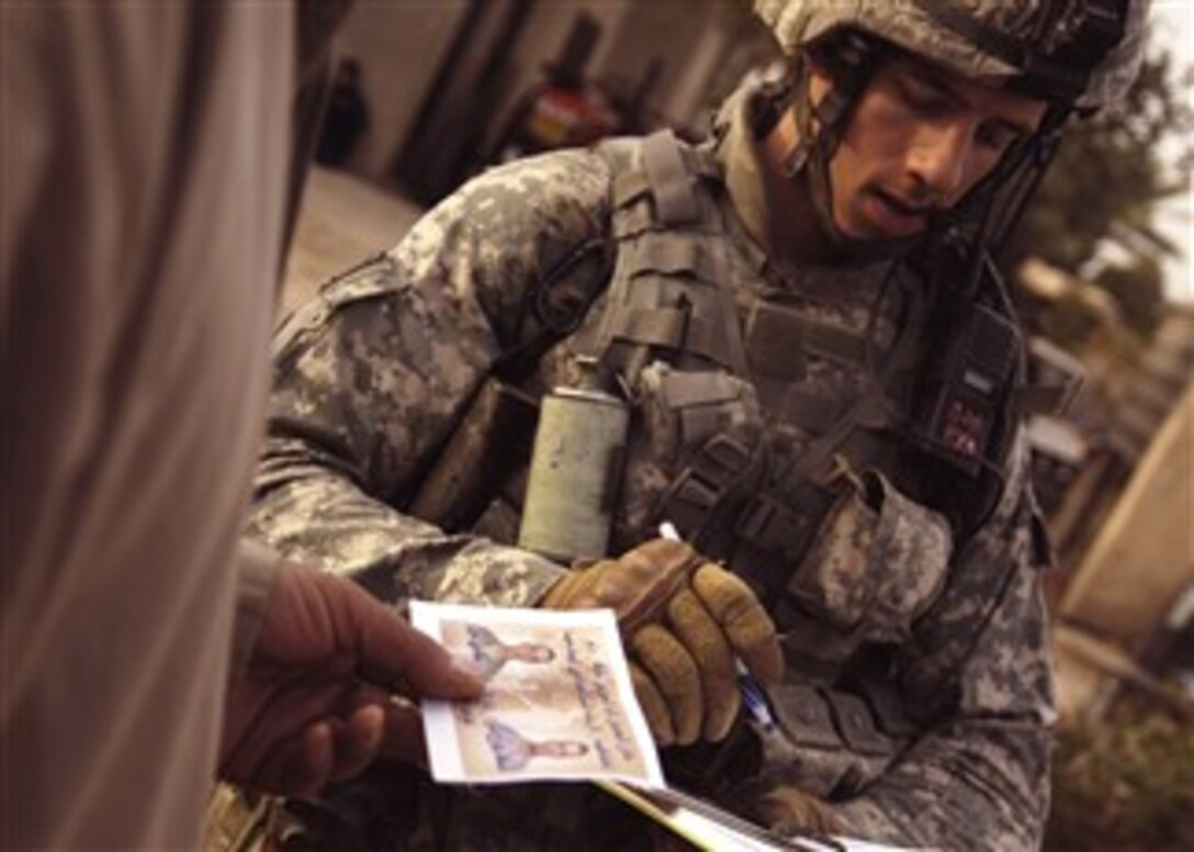 U.S. Army Staff Sgt. Eric Gitschlag questions a resident of the village of Fair al Jair, Iraq, on Dec. 16, 2007, about current insurgent activity and the May abduction of two U.S. Army soldiers assigned to the 10th Mountain Division. Gitschlag is assigned to the 101st Airborne Division's 187th Infantry Regiment.