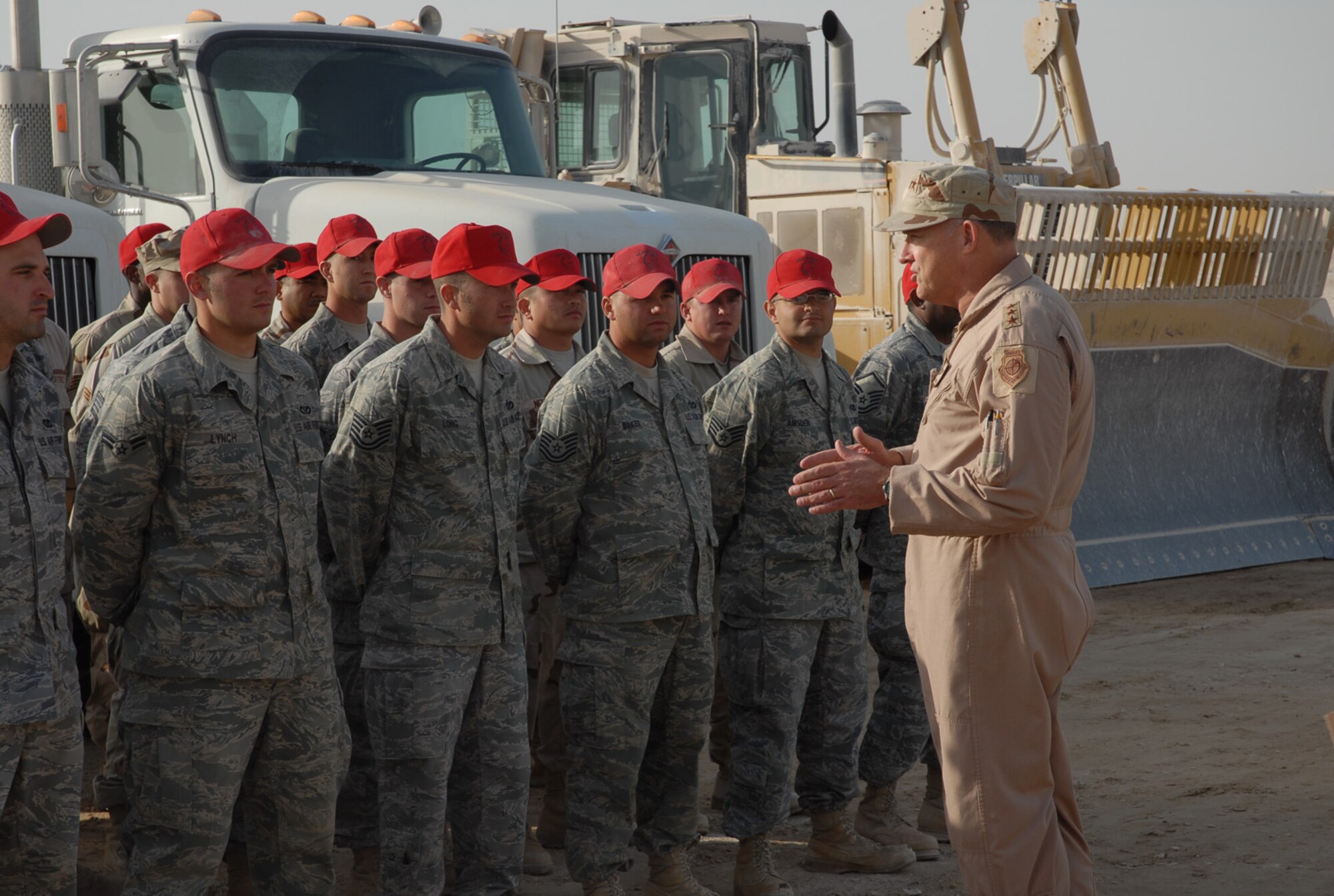 SOUTHWEST ASIA - Lt. Gen. Gary North, 9th Air Force commander,  brings Christmas greetings to Horsemen of the 1st Expeditionary RED HORSE Group during his tour at a Southwest Asia air base Dec. 23.  (U. S. Air Force photo by Airman 1st Class Trent Knight)