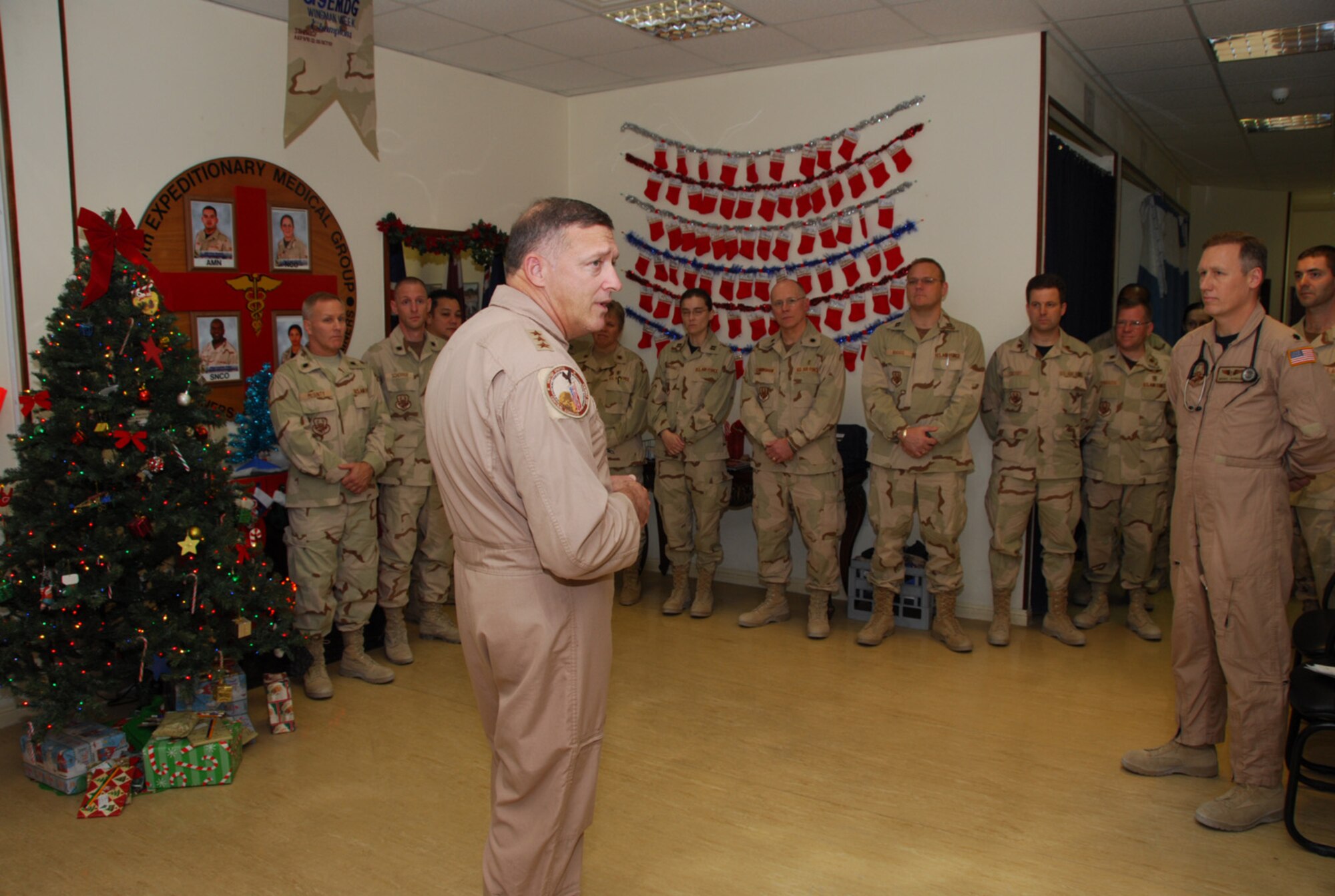 SOUTHWEST ASIA - Lt. Gen. Gary North, 9th Air Force commander, speaks to members of the 379th Expeditionary Medical Group during his visit to a Southwest Asia air base Dec. 23. (U. S. Air Force photo/Staff Sgt. Douglas Olsen)