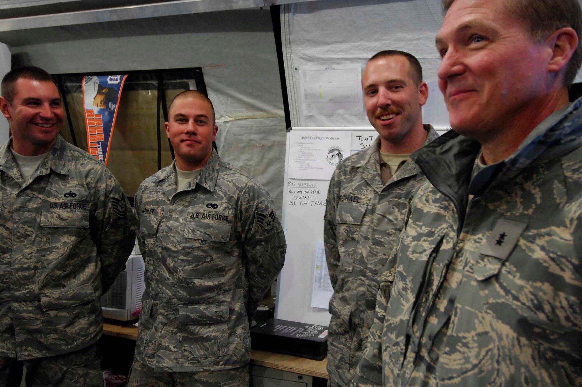 BAGRAM AIR BASE, Afghanistan - Air Force Maj. Gen. Maury Forsyth, Deputy Commander of U.S. Central Command Air Forces, visits with Airmen here Dec. 24.  General Forsyth visited Airmen across the country on Dec. 24 and 25 to thank them for the service.  (U.S. Air Force Photo by Staff Sgt. Joshua Jasper)