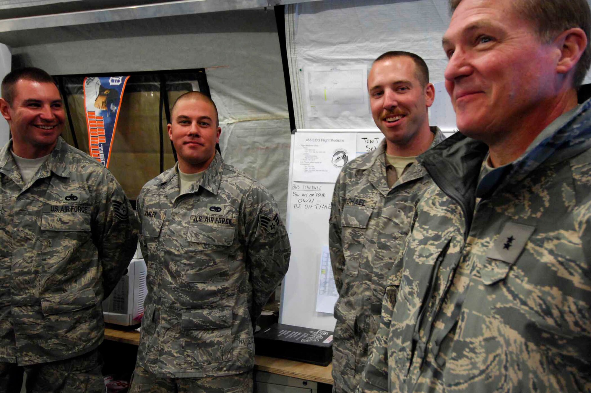 Maj. Gen. Maurice H. "Maury" Forsyth (far right) visits Airmen Dec. 24 at Bagram Air Base, Afghanistan. General Forsyth, the deputy commander of U.S. Central Command Air Forces, visited Airmen across the country Dec. 24 and 25 to thank them for the service. (U.S. Air Force photo/Staff Sgt. Joshua Jasper) 
