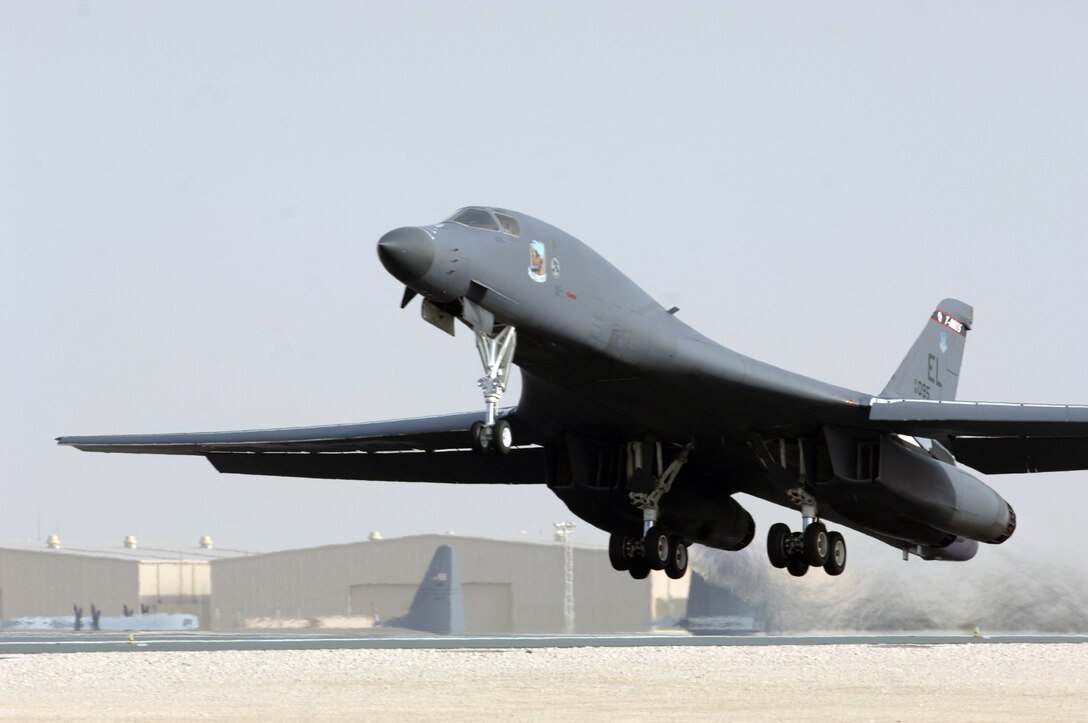 SOUTHWEST ASIA – An Air Force B-1B Lancer takes off from a base in Southwest Asia to support Operations Enduring and Iraqi Freedom.  The B-1B has the capability to carry a wide range of both guided and unguided weapons and can rapidly deliver massive quantities of precision and non-precision weapons against specific targets.  (U.S. Air Force Photo, Released)
