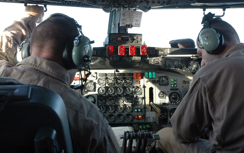 Capts. Kevin Parrish (left) and Anthony Garner perform a pre-flight check of all cockpit systems in their E-8C Joint Surveillance Target Attack Radar System aircraft prior to takeoff from an air base in Southwest Asia.  JSTARS crews provide support to both air and ground forces.  The captains are assigned to the 116th Expeditionary Airborne Command and Control Squadron. (U.S. Air Force photo/Staff Sgt. Jason Barebo)
