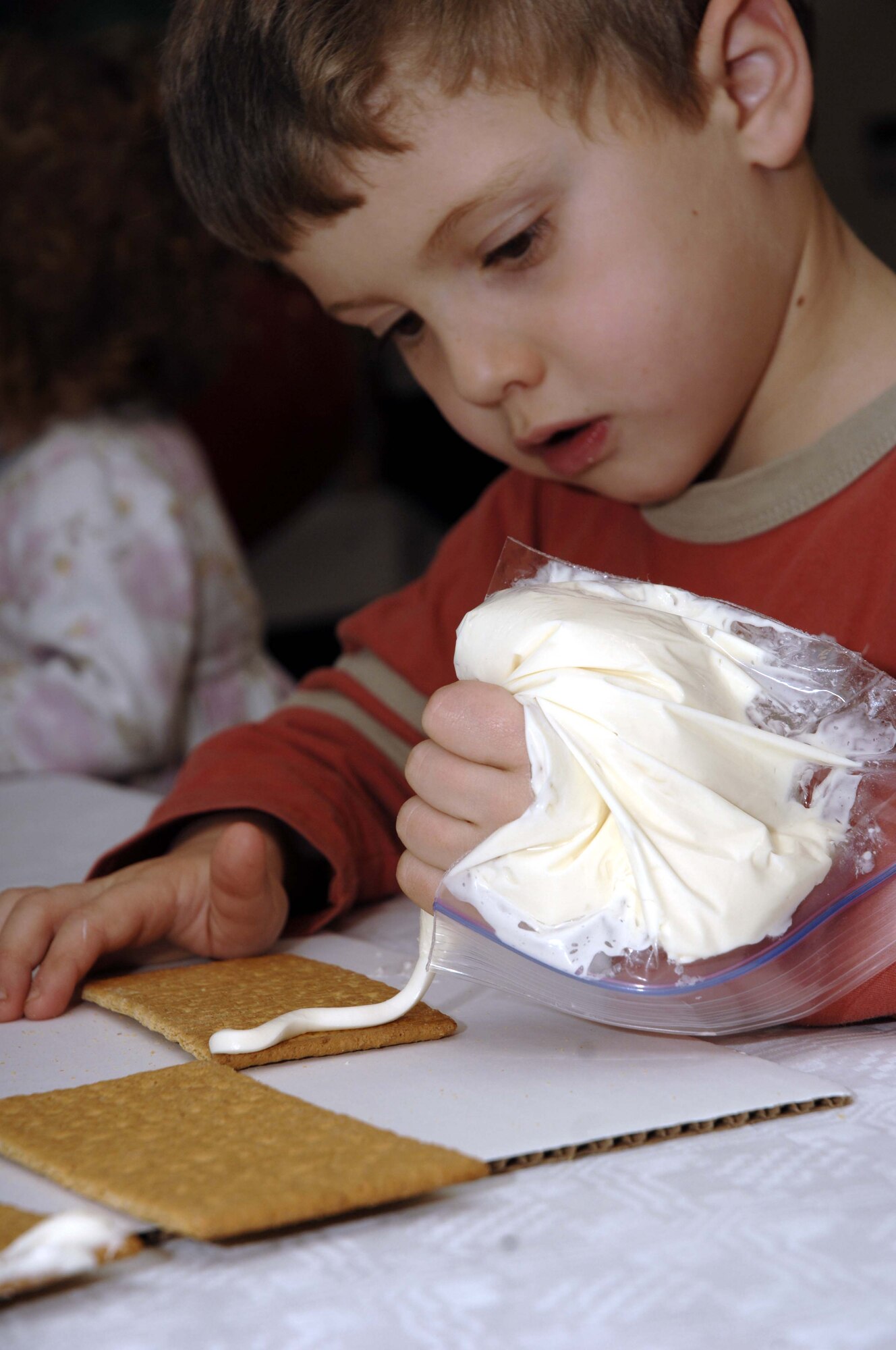 Jared Lorey, son of Lt. Col. William J Lorey, 48th Contracting Squadron commander, squeezes icing onto one of the walls of a gingerbread house Dec. 20 at a Family Member Social at the Airman and Family Readiness Center on RAF Lakenheath. The AFRC holds an event for the families of deployed servicemembers each month. (U.S. Air Force photo by Airman Perry Aston) 