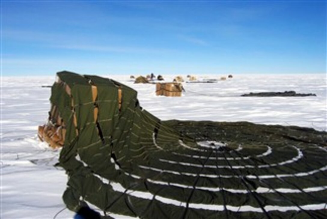 Supplies airdropped by a McChord Air Force Base, Wash., C-17 Globemaster III land at a drop zone at the South Pole Dec. 18, 2007. By validating the C-17's capability to complete airdrop missions at the Geographical South Pole, Joint Task Force-Support Forces Antarctica demonstrated its ability to provide mid-winter emergency re-supply and flexible support to the National Science Foundation and U.S. Antarctica Program.