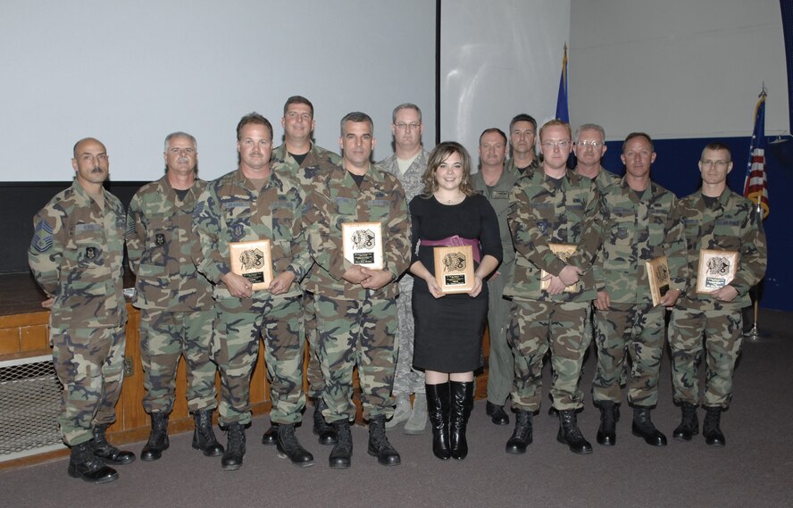 Additional Chief's Award recipients were (front row, left to right) Tech. Sgts. Dan Kramer and Mark Harrell, Christine DeNamur, Staff Sgts. Ty Watts and Billy D. Cunningham, and Master Sgt. William Piggot. The chief master sergeants who funded the awards were (back row, left to right) Chief Master Sgts. Paul Albini, Kenneth Potter, Alex Hughes, Jeffrey Fitzpatrick, Lyle Spangler, Senior Master Sgt. Larry Rosamond, in place of Telford Burtts, and Chief Master Sgt. Joseph Haveard. Sponsors and recipients not pictured are Chief Master Sgts. Philip Bahm, Dale Berryhill, Christopher Goosby, William Posey, Glen Sconiers, and David Simmet; and Senior Master Sgt. Kevin Quimette; Master Sgts. Darren Cogan, Anthony Kolarick; and Walisa Villarreal; Senior Airman Jennifer Lefton; and Bill Meredith. (U.S. Air Force Photo/Mike Fleck)