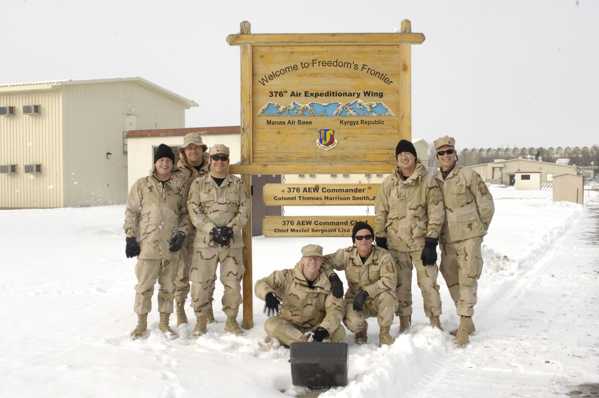 Members of the USAF CENTAF Band's "Hot Brass" at the Transit Center at Manas, Kyrgyz Republic. Hot Brass is from the USAF Band of Flight at Wright Patterson AFB, OH. Members include TSgt Eric Knorr (trumpet and NCOIC,) TSgt John Rider (tuba,) SSgt Jason Plosch (trumpet,) SrA Kaz Kruszewski (trombone,) SrA VJ Russell (horn,) and MSgt Bob Green (percussion.) 