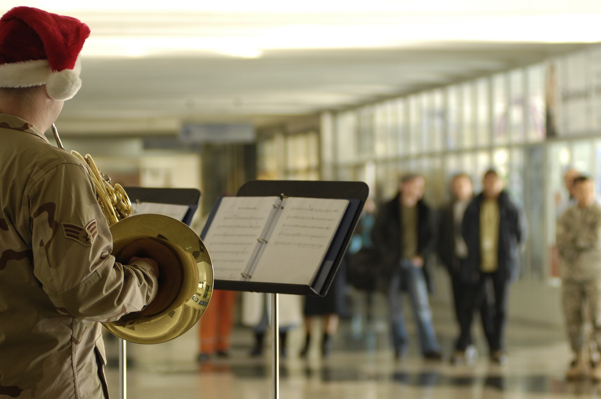 Members of the USAF CENTAF Band's "Hot Brass" entertain locals in the Kyrgyz Republic. Hot Brass is from the USAF Band of Flight at Wright Patterson AFB, OH. Members include TSgt Eric Knorr (trumpet and NCOIC,) TSgt John Rider (tuba,) SSgt Jason Plosch (trumpet,) SrA Kaz Kruszewski (trombone,) SrA VJ Russell (horn,) and MSgt Bob Green (percussion.) 