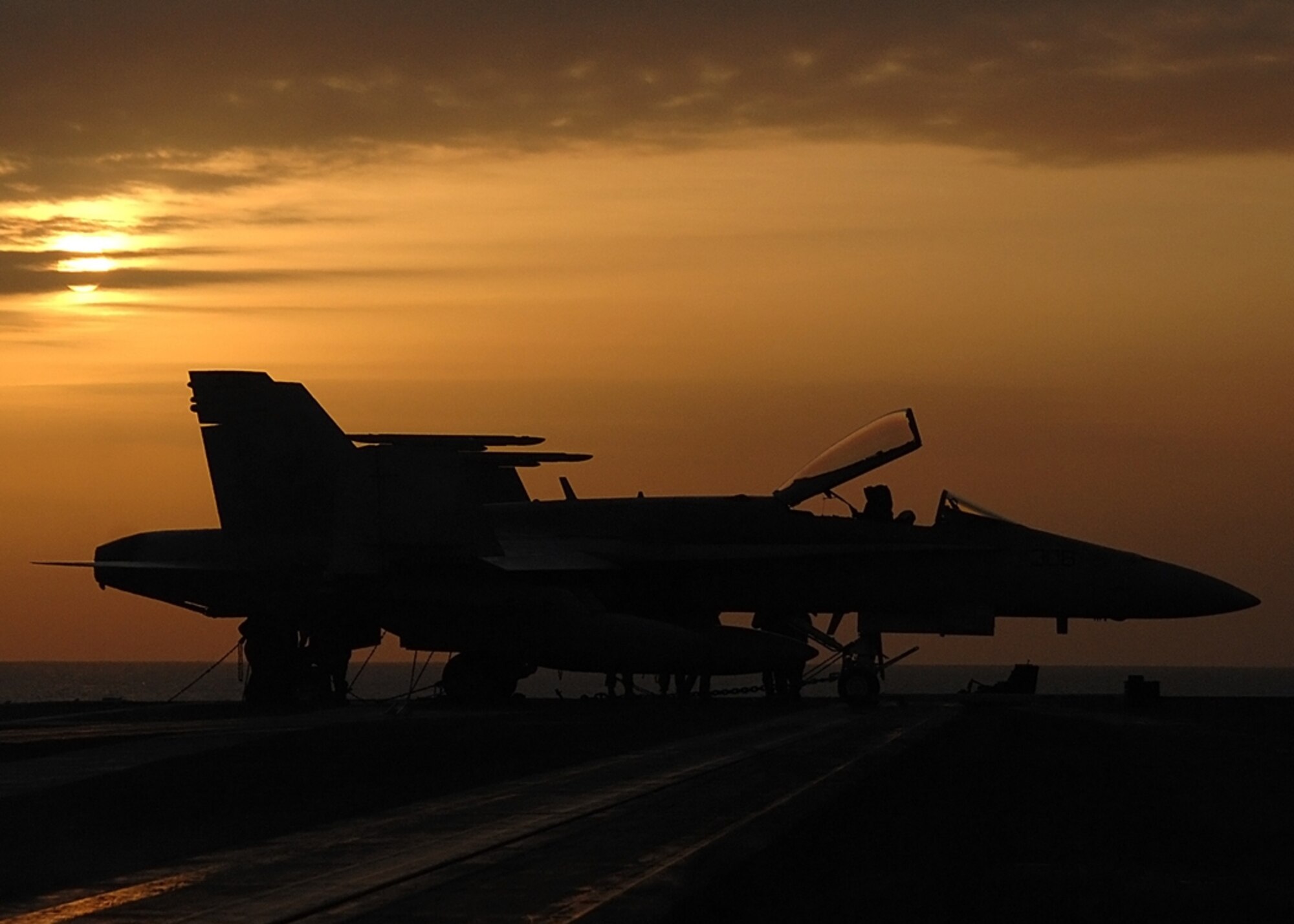 ARABIAN GULF - A U.S. Navy F/A-18 Hornet sits on the deck of the USS Harry S. Truman.  The Truman and embarked Carrier Air Wing 3 are underway on deployment in support of Operations Enduring and Iraqi Freedom.  (U.S. Navy photo by Seaman Kevin T. Murray, Released)
