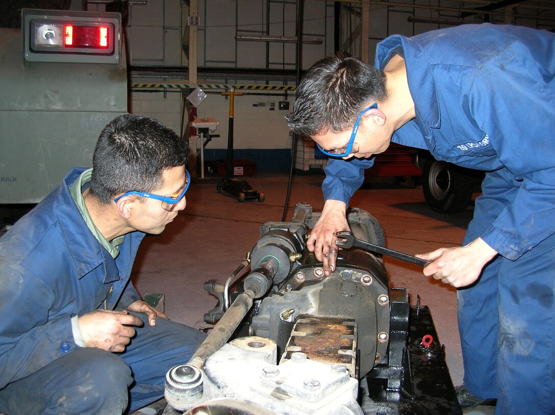 Staff Sgts. Oscar Figueroa and Lee Samson look for the right size wrench to remove the bolts of an axle gear Feb. 1 at Royal Air Force Mildenhall, Englad. New procedures these two Airmen helped develop reduces the amount of people and time needed to maintain this piece of equipment. The Airmen are from the 100th Logistics Readiness Squadron. (U.S. Air Force photo/Tech. Sgt. Scott Wakefield)