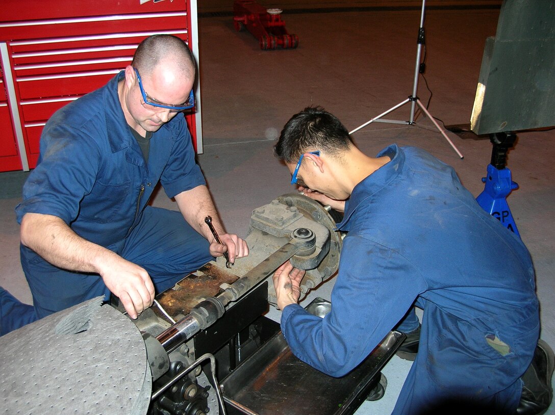 Staff Sgts. Tom Crouch (left) and Lee Samson inspect a B-4 tow axle before disassembly Feb. 1 at Royal Air Force Mildenhall, England. The two are reviewing the steps for new procedures that are making the process easier and safer. The AIrmen are from the 100th Logistics Readiness Squadron Vehicle Maintenance Shop. (U.S. Air Force photo/Tech. Sgt. Scott Wakefield)