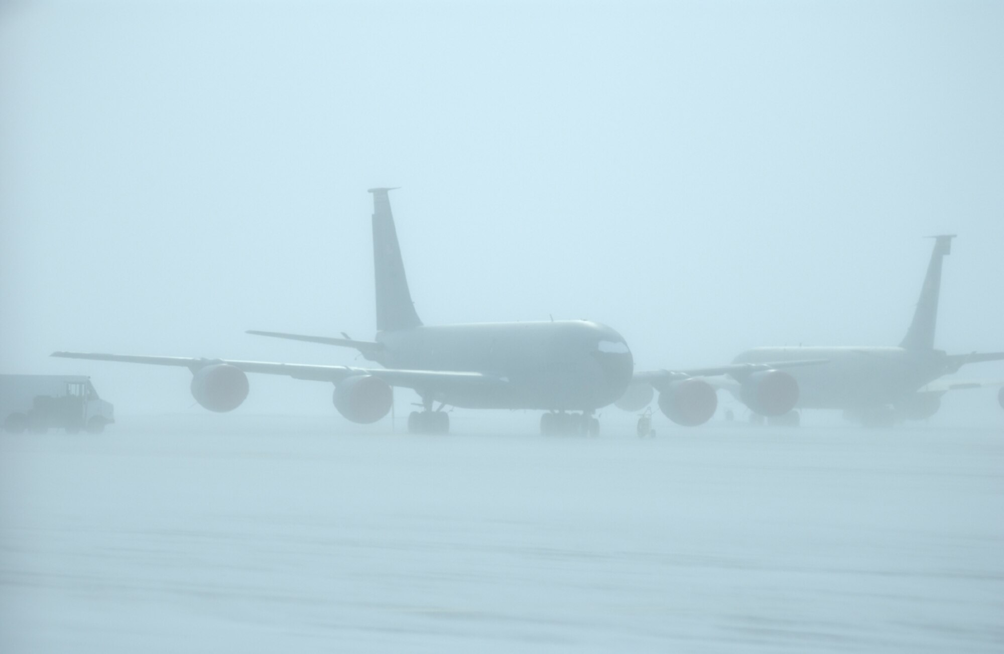 GRAND FORKS AIR FORCE BASE, N.D. -- A 319th Air Refueling Wing KC-135 awaits maintenance crews before take off on the flight line Jan. 29. Crew chiefs routinely work in sub-zero temperatures here. On this day, the wind chill index was minus 22.  (U.S. Air Force photo/Senior Airman J.Paul Croxon) 