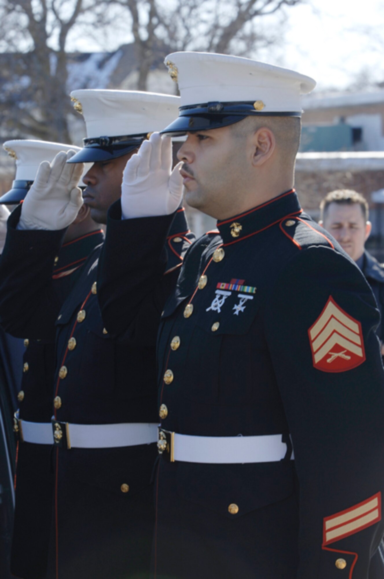 Members of the Kansas City 24th Marine Regiment serve as pallbearers Jan. 25, during the funeral of Albert “Jud” Wagner. (Air Force photos by Senior Airman Jamie Train, 22nd Communications Squadron)