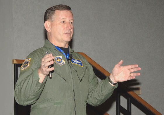 Brig. Gen. Frederick Roggero, Deputy Director of Air, Space and Information Operations, Headquarters Air Mobility Command, Scott Air Force Base, Ill., speaks to Team McConnell members Jan. 24 in the Dole Center ballroom while visiting here to talk about flight mishap prevention and flight safety. (Air Force photo by Airman 1st Class Roy Lynch 22nd Communications Squadron)