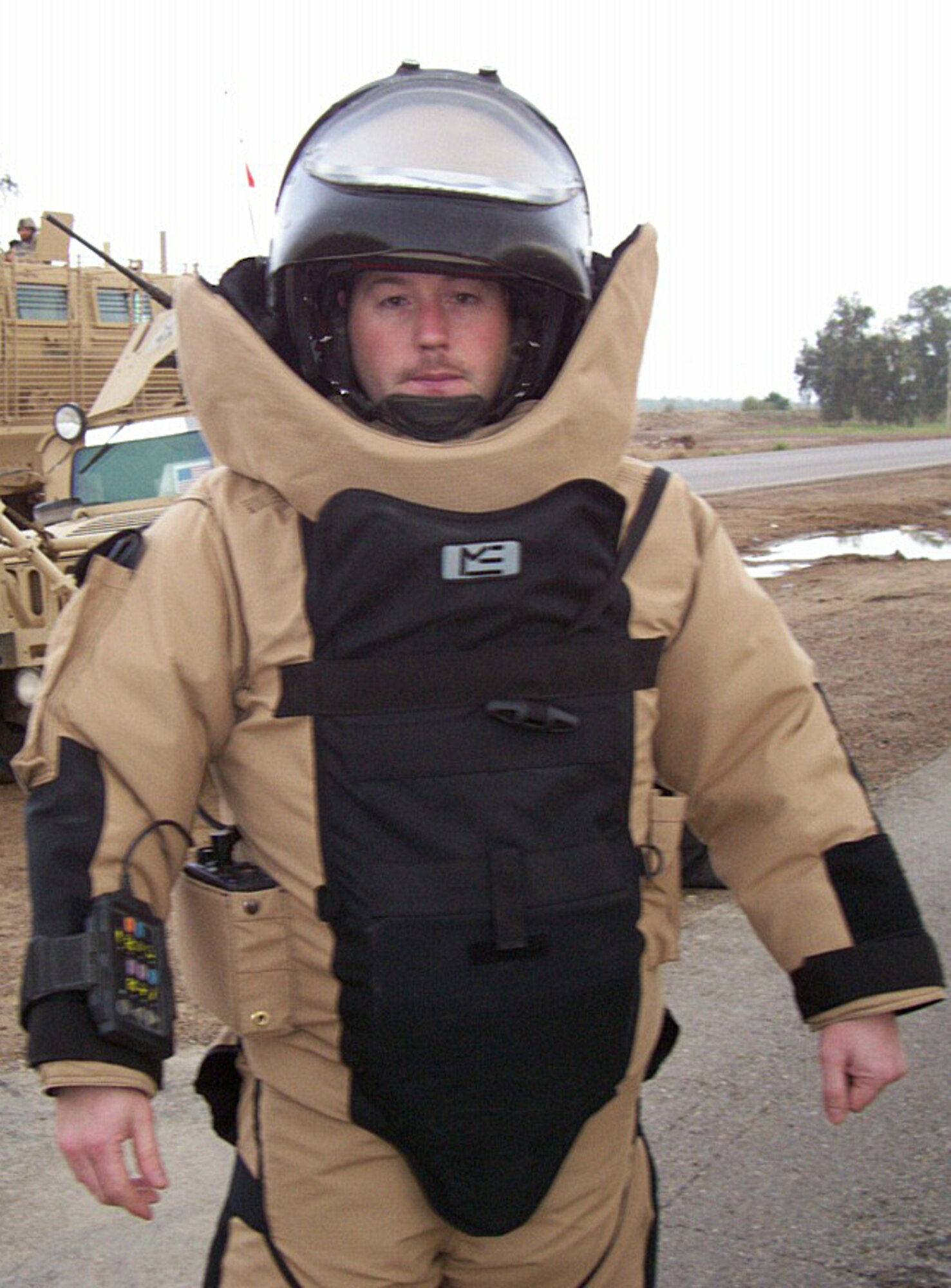 Staff  Sgt. Howie Loughran, 31st CES EOD team leader, wears the bomb suit while deployed. The bomb suit protects EOD members when they are close to IEDs.   (Photo courtesy of 31st Civil Engineer Squadron)
