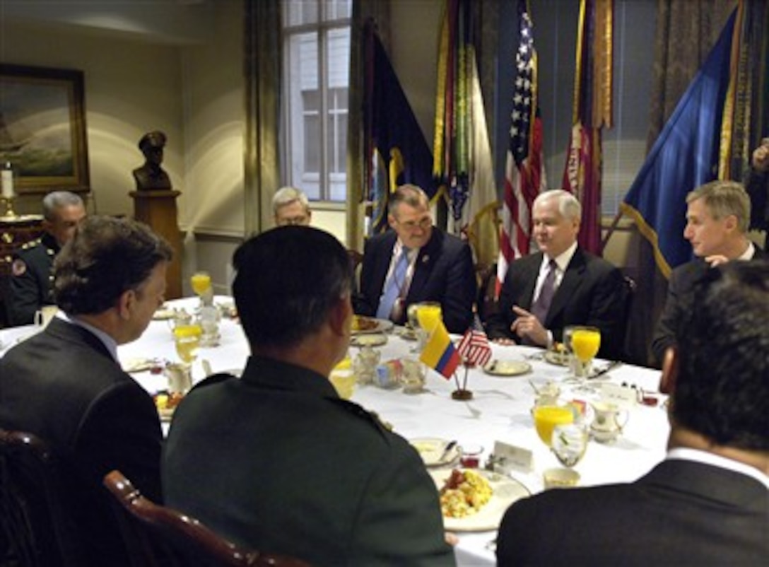Secretary of Defense Robert M. Gates (2nd from right) hosts a Pentagon breakfast meeting with Colombian Minister of National Defense Juan Manuel Santos (left foreground) on Feb. 1, 2007.  Also participating are (left to right):  Deputy Assistant Secretary of Defense for Western Hemisphere Policy Stephen Johnson, Assistant Secretary of Defense for Homeland Defense Peter Verga and Principal Deputy Assistant Secretary of Defense for Global Security Affairs Joseph Benkert.  Among those accompanying Santos are Chief of the Colombian Defense Staff Gen. Freddy Padilla (center foreground) and Vice Minister of Defense for Budget and Planning Juan Carlos Pinzon.  Under discussion are a variety of bilateral security issues of mutual interest.  