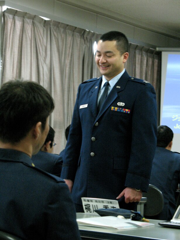 Capt. Joseph Cook teaches English and offers an introduction to U.S. Air Force communication techniques to Japanes Air Self Defense Force officers and airmen Feb. 1 at Kumagaya Air Base in Japan. Captain Cook is the only American stationed here as part of the Japanese Personnel Exchange Program. (U.S. Air Force photo/Senior Airman Anthony Kuhn)