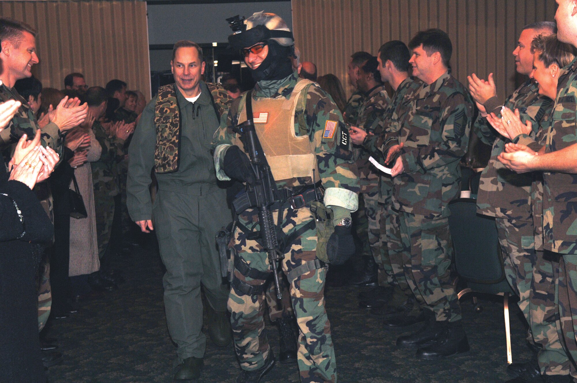 Capt. Frank Rodriguez, 720th Special Tactics Group, escorts Maj. Gen. Mark Anderson, Installation Excellence Award team lead, at the Soundside after the welcoming demonstration. (U.S. Air Force photograph by Senior Airman Ali Flisek)