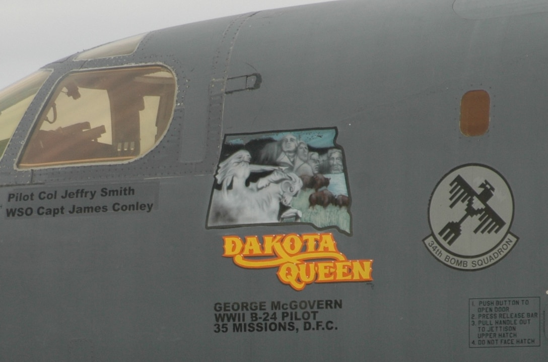 The Dakota Queen was a B-24 Liberator, which saw action in World War II. This nose art is assigned to the B-1 piloted by the 28th Bomb Wing commander. The B-24 was put into service because the Army Air Corps needed a bomber with greater range, higher ceiling, and faster speed than the B-17 Flying Fortress. (U.S. Air Force photo/Airman 1st Class Kimberly Moore Limrick)
